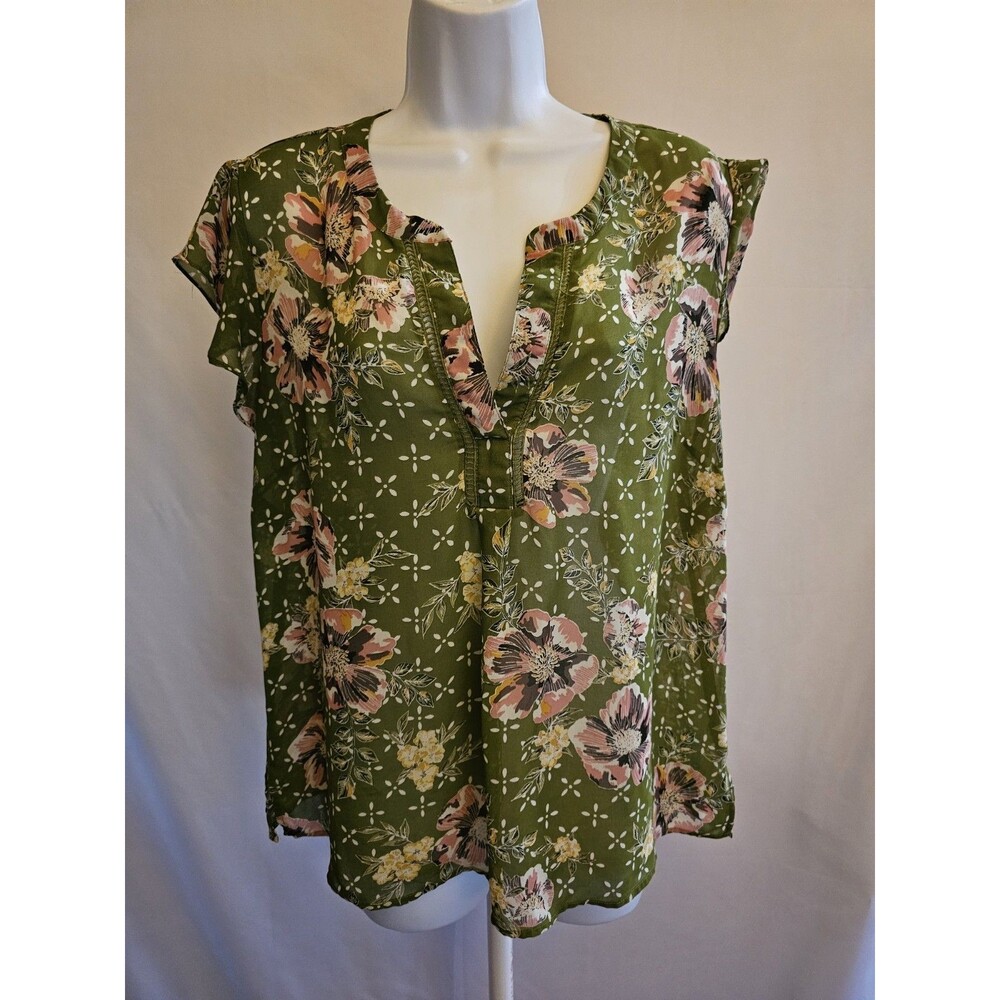 DR2 Blouse Women's Short Sleeve Chiffon V-Neck Casual Career wear Size PL